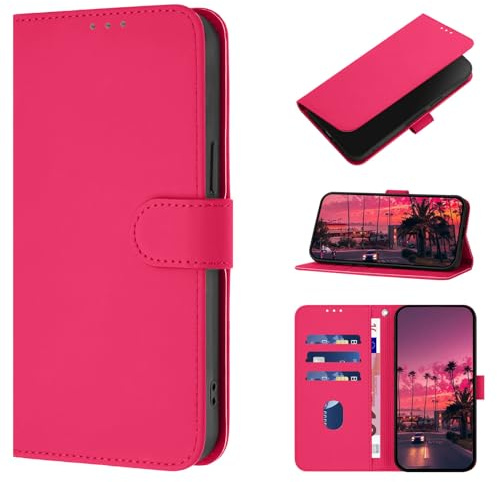 CASEONJAN Coque pour iPhone 14 / iPhone 13, Etui Protection Housse en Cuir PU [Fentes pour Cartes] Coque Magnétique, Antichoc Étui Portefeuille Flip Case pour iPhone 14 / iPhone 13 (Rose Vif)