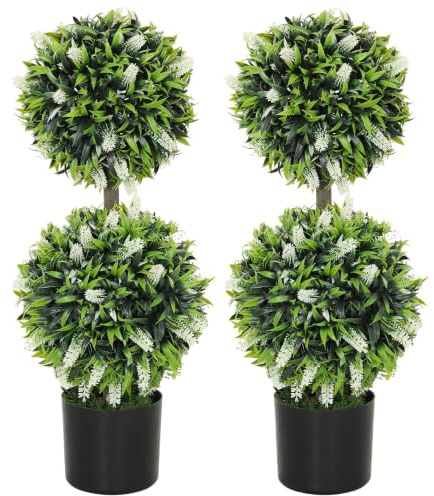 HOMCOM 2er-Set künstliche Lavendelbaumkugel groß 70 cm Kunstpflanze, Plastik künstliche Pflanzen im Topf, UV-beständiger Kunstblumen für Wohnzimmer Schlafzimmer Büro Garten Weiß