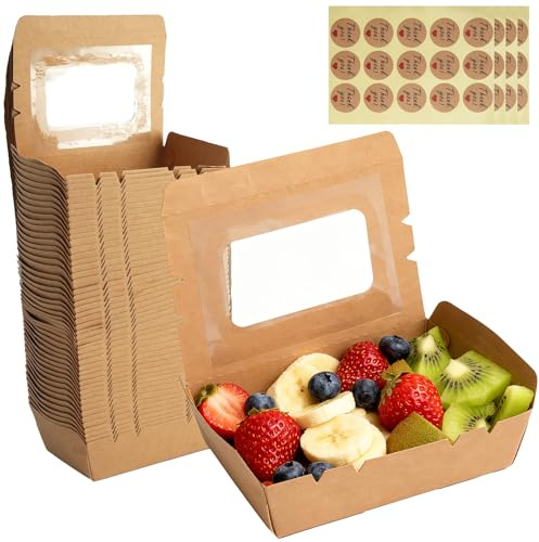 Zoyiancy Lot de 50 boîtes à emporter en papier kraft avec autocollants, 500 ml jetables en carton, conteneurs alimentaires pour salades, repas, sandwichs, fruits