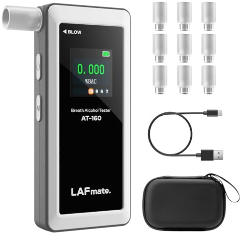 LAFMATE Éthylotest AT-160, Testeur d'alcool Haute Précision avec Seuil d'Alarme Réglable, Écran LCD, Mémoire de Tests, Livré avec 10 Embouts – Parfait pour Un Usage Domestique