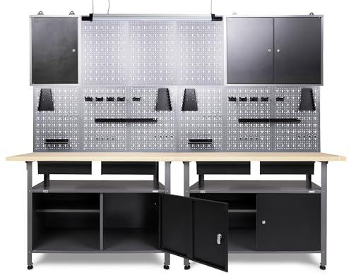 Ondis24 Werkstatteinrichtung Werkstatt Set Werkbank Fritz Hängeschrank Werkzeugwand Metall Schwarz Grau (Bluetooth, 242 cm)