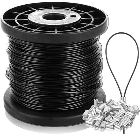 APACALI 100m 1.5mm Wire Rope, 304 Stainless Steel Wire Cable with Aluminum Crimping Loop, Heavy Duty Picture Hanging wire for Garden Climbing Plants, Clothes Line, Fishing, Black