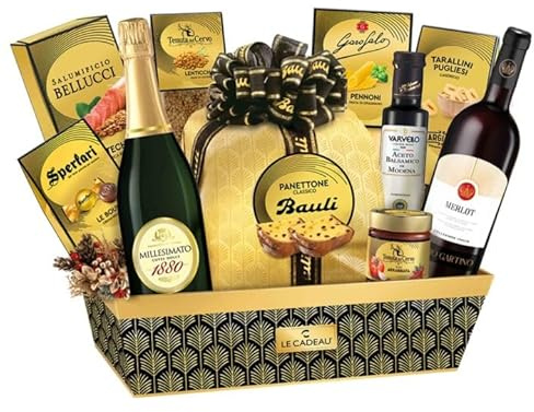Le Cadeau Cesto di Natale Parigi, Panettone, Vino Merlot, Spumante Millesimato Dolce, Aceto Balsamico, Pasta, Cotechino con Lenticchie, Tarallini, 10 Prodotti