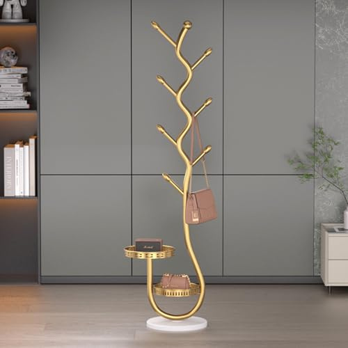 TETK Baumförmiger Garderobenständer mit 2 Ablagen, Kleiderständer Gold mit Ablage, 8 Haken, Jackenständer Stehend, Kohlenstoffstahl, Hanger Coat Stand, Lackiert, 29×29×170cm(Gold)