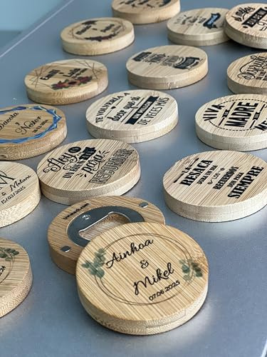 Uvimark - Set de 25 Abrebotellas de Bambú con Imán - Regalo Personalizado - Regalos Originales - Regalos Enamorados, Parejas - Detalles de Boda, Comunión, Bautizo
