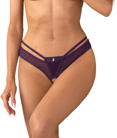 Selente Love & Fun Lot de 2 strings séduisants avec entrejambe ouvert pour femme, Violet Ouvert, L-XL