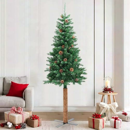 Albero di Natale sottile 210 cm con vero legno e coni verde in PVC, legno di pino e acciaio per interni ed esterni, decorazione natalizia durevole con realistico