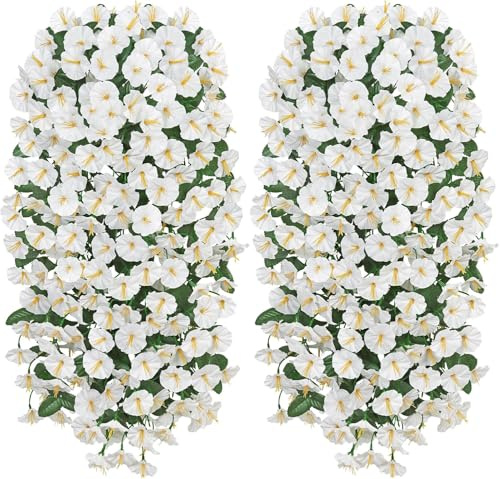 Weldomcor 2PCS Artificial Hanging Flowers for Outdoor, UV Resistant Fake Hanging Plant Morning Glory Trailing Vines Silk Petunia Flowers Spring Summer Decor for Home Wedding Garden Porch Patio (White)