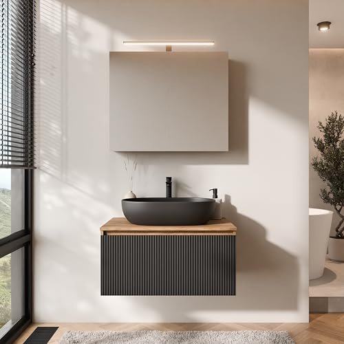 Planetmöbel Arisa Badmöbel Set Waschtisch mit Unterschrank | 80 cm, gold eiche schwarz (geriffelt) mit ARIA Spiegelschrank, Waschbecken 60 cm gold eiche schwarz, Raumsparsiphon