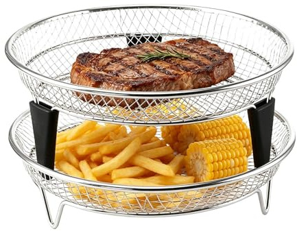 Air Fryer Rack - 7.09 Inches Stainless Steel Stackable Tray | 2-Piece Oven Basket, Dehydrator Rack Set Fast Easy Safe Neat for Broiling and Cooking in The Counter By Home Unit Apartment