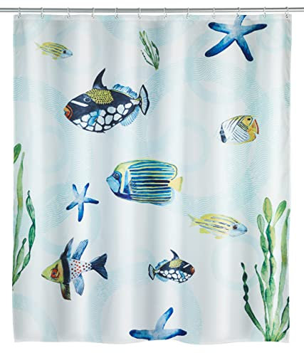 WENKO Duschvorhang Aquaria, Textil , waschbar, wasserabweisend, mit 12 Duschvorhangringen