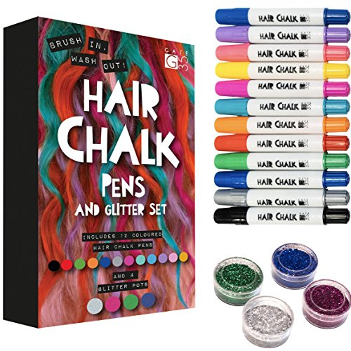 Hair Chalk Pens and Glitter – 12 Chalks and 4 Glitters – Deluxe Set of Colour Matite – Girls Birthday Rainbow Gift Present