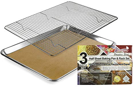Half Baking Sheet & Cooling Rack w/ 100 Bonus PreCut Parchment Paper- 1/2 Aluminum Baking Pan with Stainless Steel Wire Rack Large Cookie Sheets for Baking - Oven Sheet Pan Tray & Rack w/Baking Paper