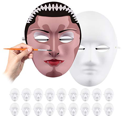 Relaxdays Maske im 20er Set, zum Bemalen und Basteln, Karneval, Fasching, Pappmaske Gesicht HxBxT 24 x 18,5 x 8 cm, weiß