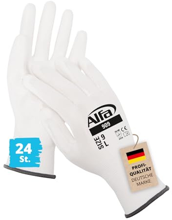 Alfa 24x Malerhandschuhe weiß Größe 9 - L Profi-Qualität PU-beschichtete Nylon-Feinstrickhandschuhe, gefühlsecht und sehr gutes Fingerspitzengefühl