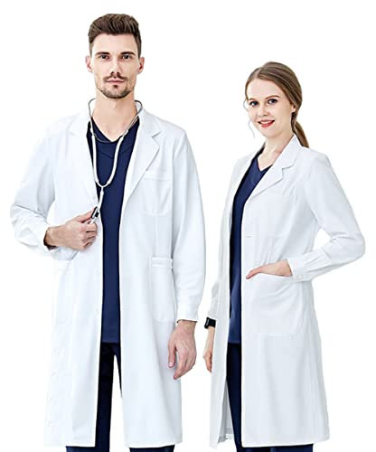 Lab Coat Women Men, KUMARS White Medical Coat Cotton Polyester Scientist Lab Coats Protective Workwear Doctor Students School Coat, Unisex Food Coat Chemistry Laboratory Coat Costume with Pockets, 2XL