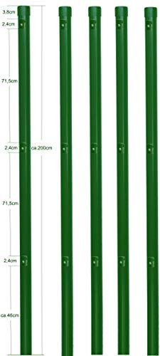 EXCOLO 5er-Set Metall-Zaunpfosten Ø34 mm, 2,0 m, pulverbeschichtet moosgrün RAL 6005, inkl. 3 Spanndrahthalter & Pfostenkappe, zum Einbetonieren – für Maschendrahtzäune bis 1,5 m Höhe