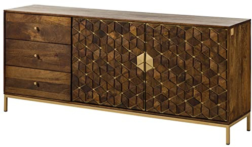 MASSIVMOEBEL24.DE | Diamond Sideboard aus massivem Mango, Kommode braun geöltes Massivholz, 3 Schubladen mit Knopfgriffen und 2 Türen mit Push-to-Open Technik, goldene Akzente aus Eisen