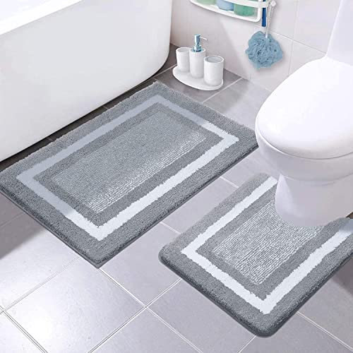 Homaxy Badezimmerteppich Set 2-Teilig rutschfest Waschbar - Badvorleger WC Vorleger Flauschige Hochflor Badematte Duschvorleger für Badezimmer - 50 x 80 cm + 50 x 60 cm (Grau)