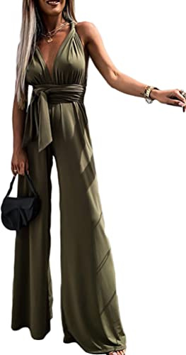 ORANDESIGNE Senza Maniche Vita Alta Long Pantaloni Schiena Nuda Fionda Tuta Intera Aderente da Donna Elegante Tinta Unita Playsuit Tuta Cerimonia Cocktail Overall Monopezzi Tutine 03-Army Green XS