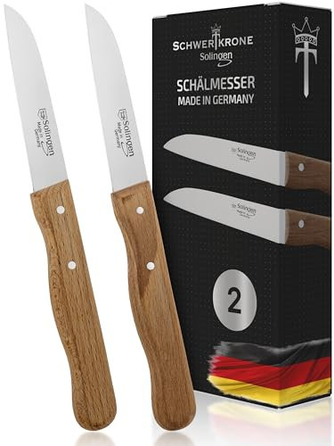 Schwertkrone® Schälmesser gerade Premium 2er Set [MADE IN SOLINGEN - GERMANY] - Gemüsemesser Obstmesser - Küchenmesser klein scharf - Schneidemesser Kartoffelschälmesser - Allzweckmesser (2x 7,5cm)