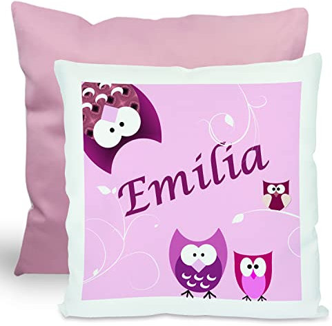 CreaDesign, Kinder Kissen 40x40 cm personalisiert mit Namen, Kinderzimmer Deko Kissen Kinder mit Füllung Federn, Motiv Eule rosa, Rückenfarbe Rosa