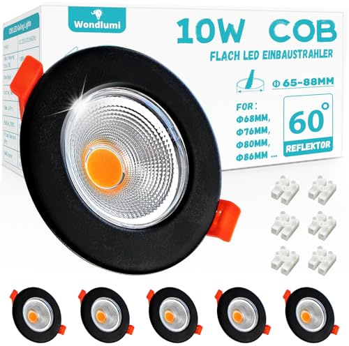 Wondlumi 6er LED Einbaustrahler 10W COB 3000K Schwarz 65-88mm Flach IP44 | Einbauleuchten Warmweiß 850lm 60° Abstrahlwinkel 230V Rund Matt für Kunstausstellung Ausstellungshalle Museen Kabinett