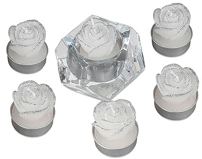 1 Satz mit 6 Teelichter Rose weiss/silber- Deko für Weihnachten Modell/Farbe sortiert- Lieferung ohne Leuchter