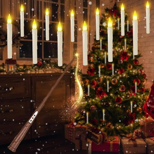 Candele LED Decorazione Natalizia, 12 Pezzi Candele Galleggianti con Telecomando Senza Fiamma, Floating Candles da Appendere, Candela Conica Elettrica per Natale, Decorazione Natalizia