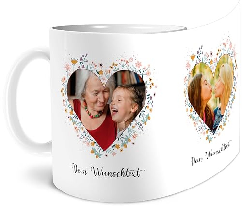 OWLBOOK® Personalisierte Tasse mit 2 Fotos & Spruch selbst gestalten | Fototasse mit eigenem Bild & Text | Geschenke Geburtstag Weihnachten | Fotogeschenke Weihnachtsgeschenke | 300ml Herz