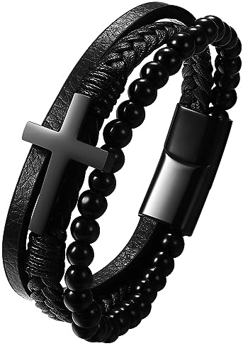 JewelryWe Lederarmband Herren Edelstahl: Retro Kreuz Infinity Unendlichkeit Symbol Totenkopf Dolch mehrschichtig geflochten Leder Armband mit Gravur Männer Armreif Manschette
