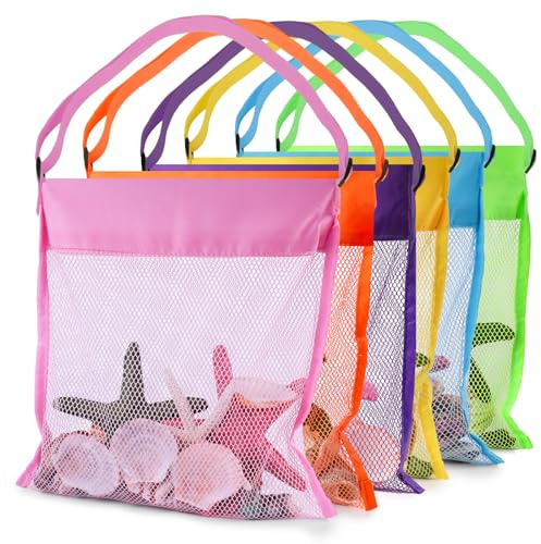 FUTUREPLUSX 6PCS Mesh Beach Bags for Kids, Colorful Small Seashell Collecting Bags Adjustable Strap for Holding Shell Sand Toy