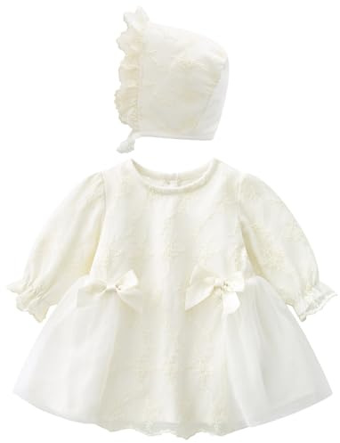 Happy Cherry Robes de Baptême Bébés Filles Robe de Fête Anniversaire Mariage à Manche Longue Naissance Robe de Princesse Blanche avec Chapeau 0-3 Mois