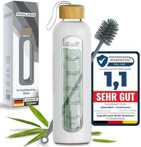 Amalindo Borraccia in Vetro da 1 L - Bottiglia d'Acqua in Borosilicato Con Custodia in Silicone e Spazzola (Senza BPA) - Colore Bianco
