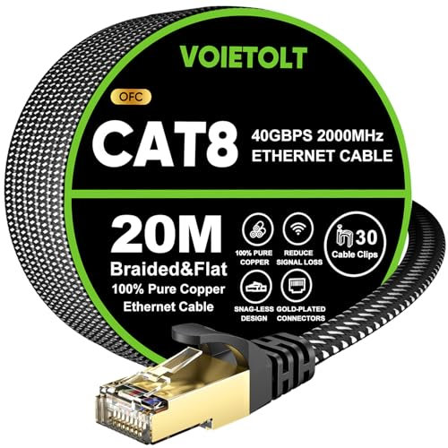 VOIETOLT Cat 8 Ethernet Cable 20M, High-Speed 40Gbps/2000Mhz Flat Braided Internet Cable, Gigabit STP RJ45 Network Cable Compatible for PS4/5, for Modem, PC/Laptop
