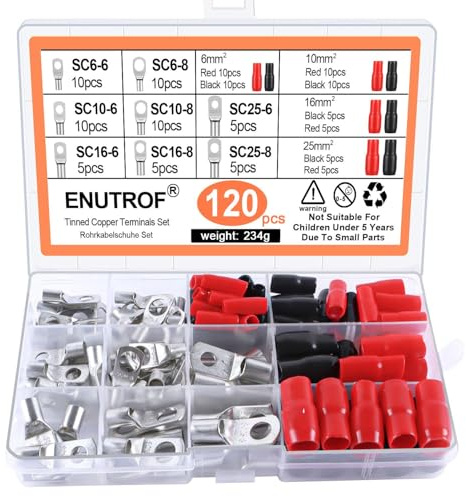 ENUTROF Rohrkabelschuhe Set Ringkabelschuh Rohrkabelschuh Ringkabelschuhe | 10mm² 16mm² 6mm² 25mm² 120Stk Set Kabelschuhe Schrumpfschlauch für Kfz Auto Motorad Boote (120stk-S)