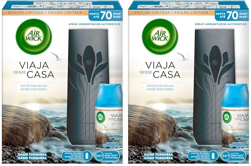 Air Wick Freshmatic 1 Aparato y 1 Recambio de Ambientador Spray Automático, Esencia con Aroma a Oasis Turquesa, Colección Viaja des de Casa - Negro (Paquete de 2)