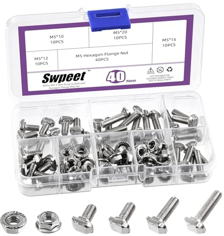 Swpeet 80Pcs 4 Sizes European Standard 20 Series M5 T Slot Bolt Assortment Kit, Drop-in Bolt, Nickel M5 Flange Nut, T Screw Stud