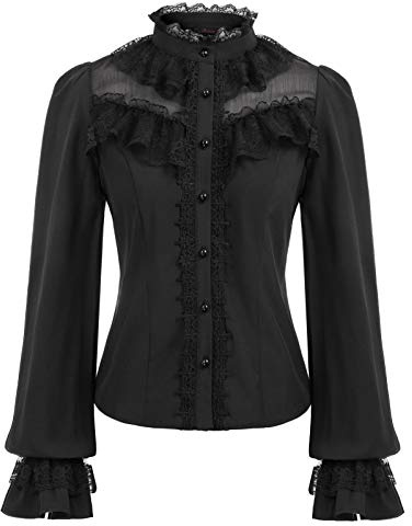 CURLBIUTY Victorian Shirt for Women Ruffled Lace Up Pirate Blouse Vintage White Long Sleeve Tops Black S