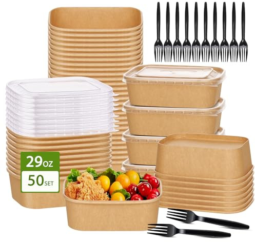 50-Pack 29oz Disposable Kraft Paper Bowls【with Lids and Forks】,Meal Prep Containers Disposable To go Food Containers for Easter Parties Take Out Containers, Microwave Safe for Hot/Cold Food