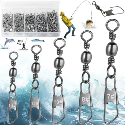 Liekadijiae 151 Pièces Pêche Émerillon, Emerillon, Émerillons à Roulement à Billes, Agrafes de Pêche Interlock à Connecteurs, Émerillons de Pêche en Acier à Haute Teneur en Carbone(7# 8# 10# 12# 14#)