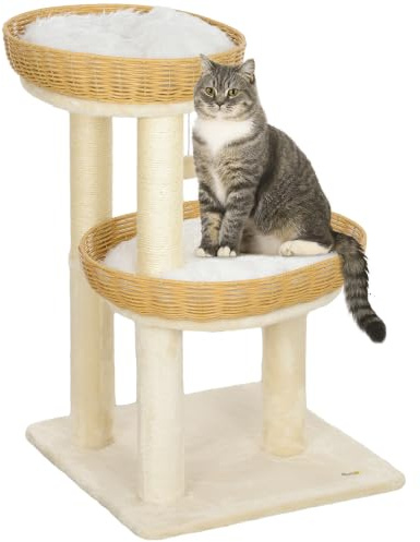 PawHut Katzenbaum Kletterbaum Zwei Betten Kratzpfosten 75,5 cm Beige | Rattan-Katzenbetten, waschbare Kissen, Spielball