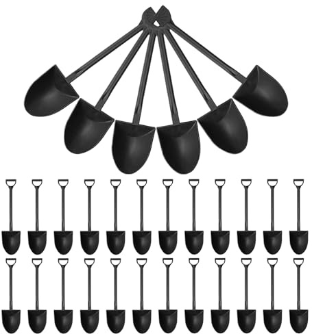 100PCS Mini Shovel Spoons for Desserts, Individual Packing Mini Shovel Spoons, Black Plastic Shovel Shaped Spoon for Party or Family