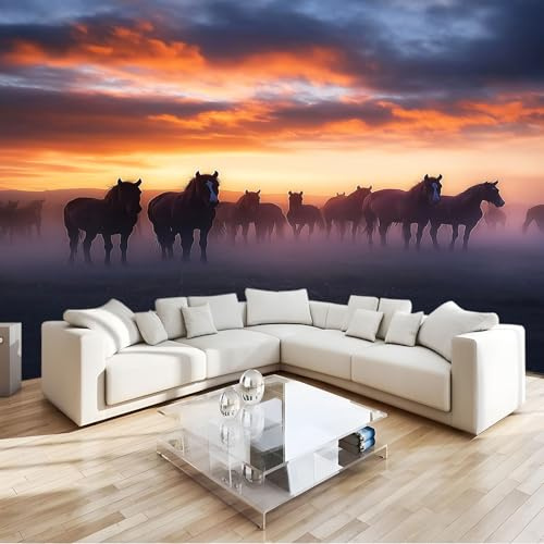 Sonnenuntergang Fototapete Tiere Herde Pferde Vlies Modern 3D Wandbild, Schadstofffrei Uv-Beständige Wanddekoration Für Wohnzimmer, Schlafzimmer, Büro - Feuchtigkeitsresistent B350 X H256 Cm