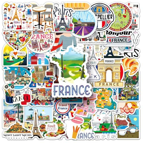 ZEPIQOR Frankreich-Aufkleber, 50 Stück, Multicolor, Vinyl, Klassisch, Stadt, für Decoupage-Alben, Reisenotizbücher, Eiffelturm, geeignet für Kunststoff, Glas, Metall