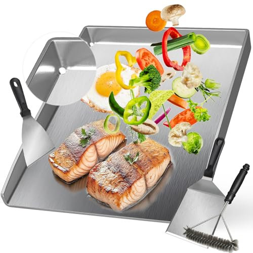 Camxon Universelle Edelstahl Plancha Grillplatte 40.5×31CM mit 5MM verdickt, mit Fettablauf, Spülmaschinenfest inkl. für BBQ Gasgrill & Kohlegrill Geeignet