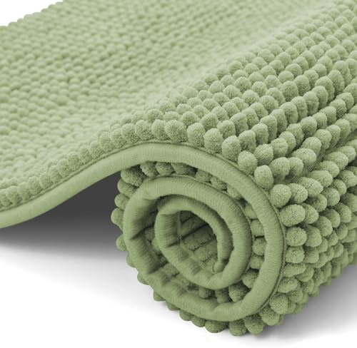 OLANLY Chenille Badematte rutschfest Badezimmerteppich, 40x60 cm | Waschbar Badteppich Badvorleger Saugfähige Duschvorleger Badezimmer Deko, Grasgrün