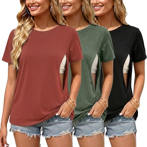 Love2Mi Confezione da 3 magliette per allattamento con cerniera nascosta, nero/verde mélange/legno rosso, L