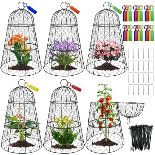 6 PCS Chicken Wire Plant Covers Protectors ,45CM×29CM Rustproof Heavy Duty Metal Plant Cage with Stakes & Labels, Modular Garden Cloches Design for Seedlings Flowers vegetables Protect from Animals