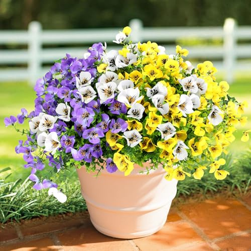 Geegoods 24 Bundles Artificial Flowers Outdoor – Fake Pansy Flowers UV Resistant Plastic Faux Pansies for Front Door Garden Porch Window Box Patio Home Decor